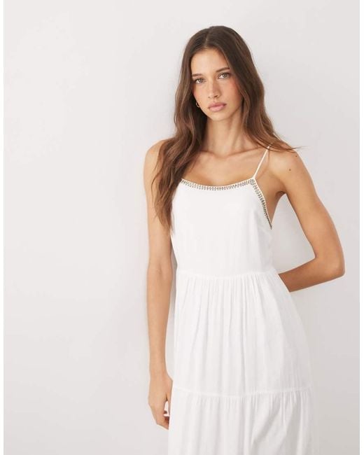 Mango White Teen Tiered Strappy Maxi Dress With Embellished Trim