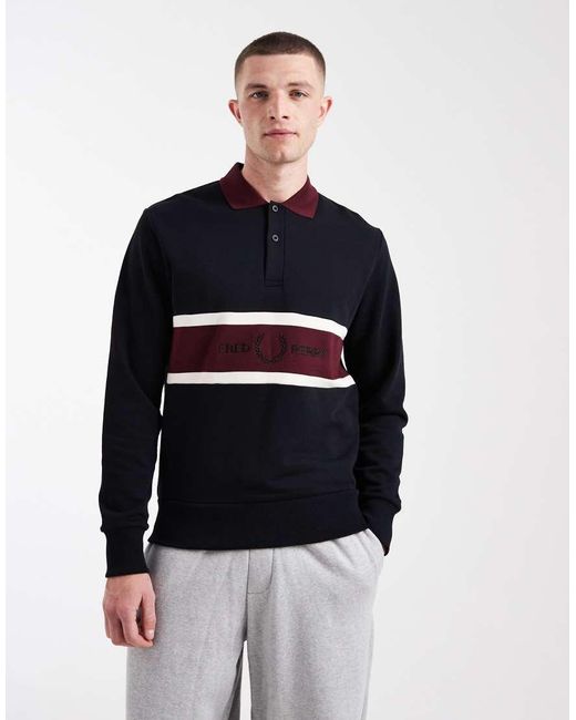 Fred Perry Blue Embroidered Panel Logo Polo Sweatshirt for men