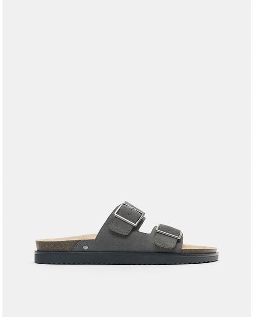 Pull&Bear Gray Buckled Leather Flat Sandals for men