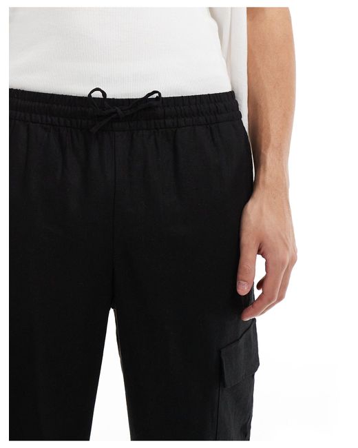 ADPT Black Loose Fit Linen Mix Cargo Trousers for men
