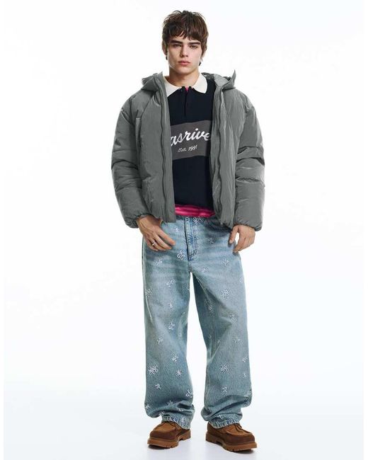 Pull&Bear Gray Cut-Out Puffer Jacket for men