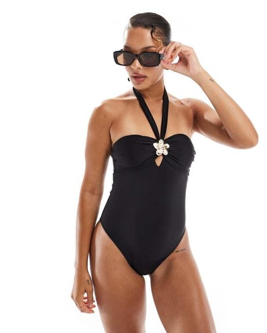 New Look Blue Floral Trim Halterneck Swimsuit