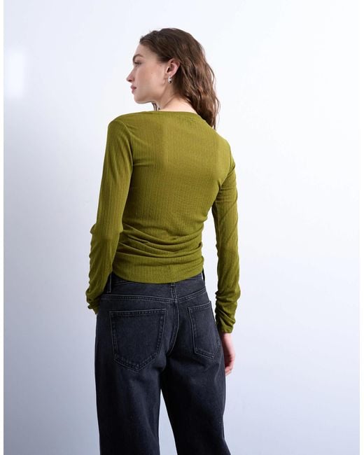 TOPSHOP Green Mesh Twisted Draped Long Sleeve Top