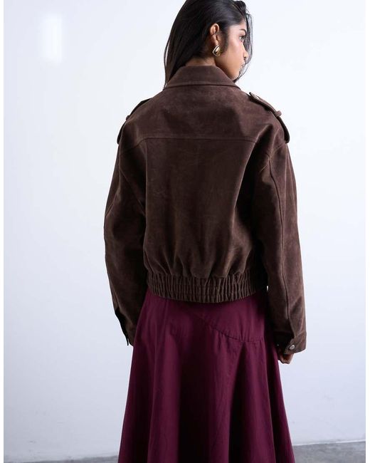 TOPSHOP Red Faux Suede Bomber Jacket With Popper Details