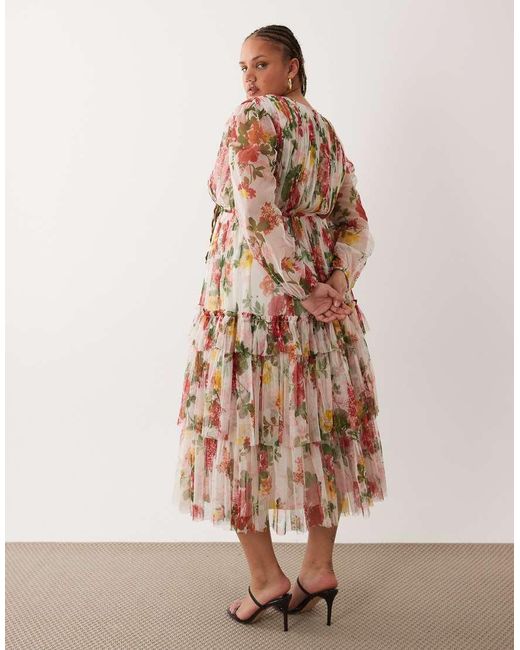 Lace & Beads Plus Natural Tulle Sheer Balloon Sleeve Tiered Midaxi Dress