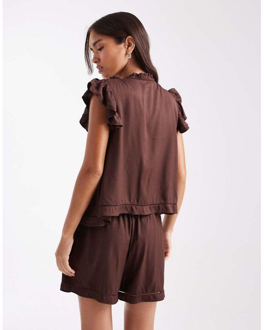 Miss Selfridge Brown Frill Detail Pyjama Short Set
