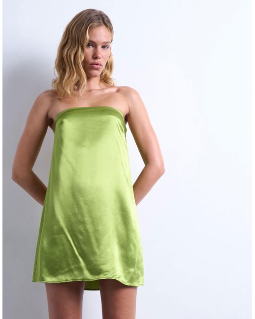 TOPSHOP Satin Bandeau Mini Dress in Green | Lyst