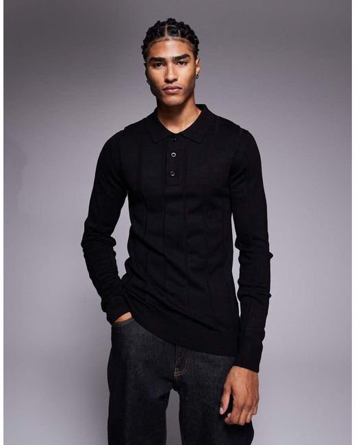 River Island Blue Muscle Fit Ribbed Knitted Polo for men