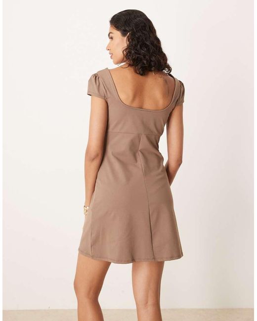 ASOS Brown Square Neck Cap Sleeve Seam Detail Mini Dress