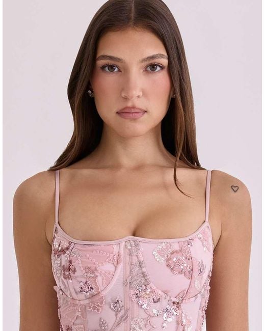 House Of Cb Pink Naima Hand Beaded Embellished Corset Maxi Dress