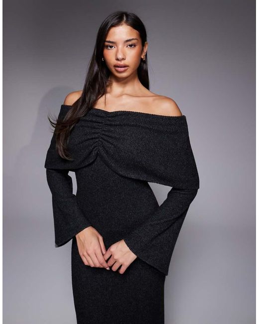 ASOS Black Ribbed Long Sleeve Fold Over Bardot Maxi Dress