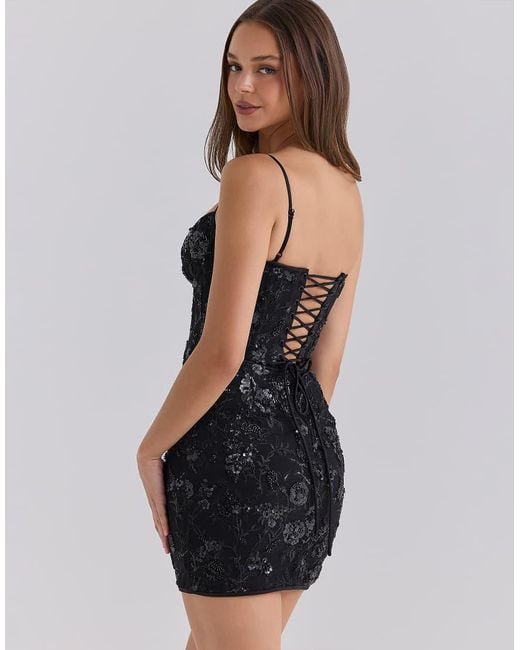House Of Cb Black Naima Hand Beaded Embellished Corset Mini Dress