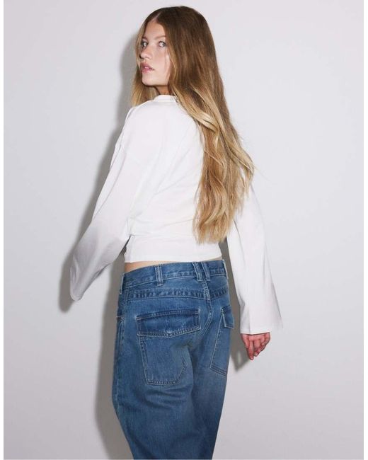 Stradivarius Blue V-neck Kimono Sleeve T-shirt
