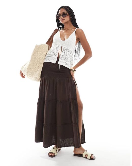 Bershka White Shirred Waist Tiered Maxi Skirt