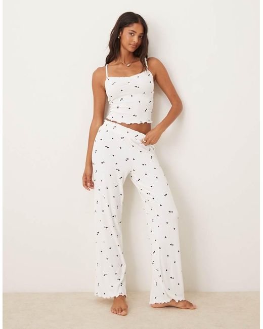 Boux Avenue White Heart Ribbed Cami Top And Trousers Pyjama Set