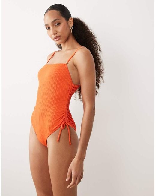 New Look Orange Stripe Textured Swimsuit