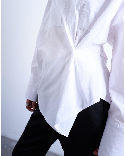 TOPSHOP White Asymmetric Placket Waisted Long Sleeve Cinched Shirt