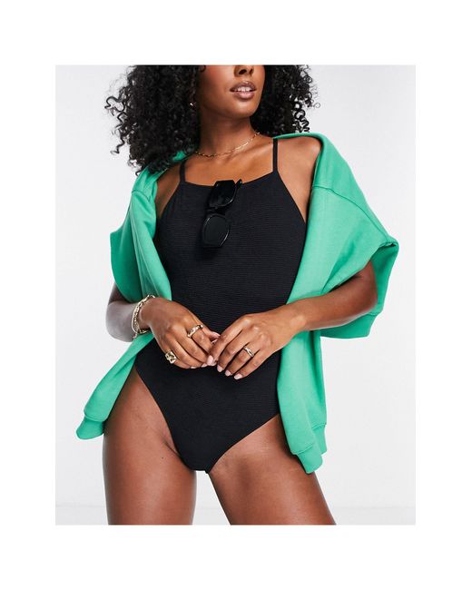 TOPSHOP Crinkle Square Neck High Leg Swimsuit in Black | Lyst