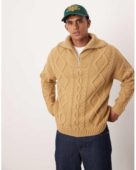 ASOS Natural Oversized Heavyweight Knitted Wool Mix Cable Quarter Zip Jumper for men