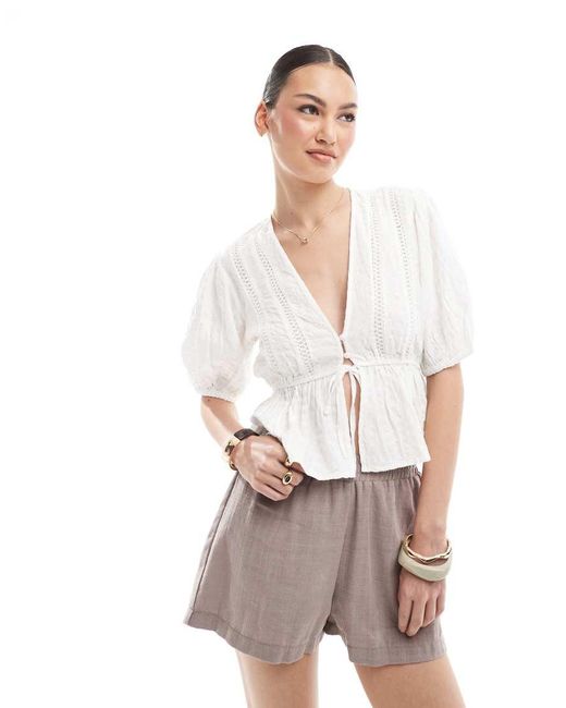 Stradivarius Boho-Blouse Met Pofmouwen in het White