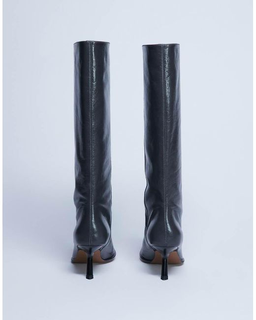 TOPSHOP Blue Scarlett Premium Leather Square Toe Knee High Boot