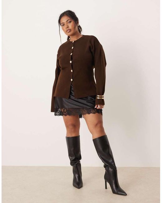 ASOS Brown Curve Knitted Structured Crew Neck Cardigan With Gold Buttons