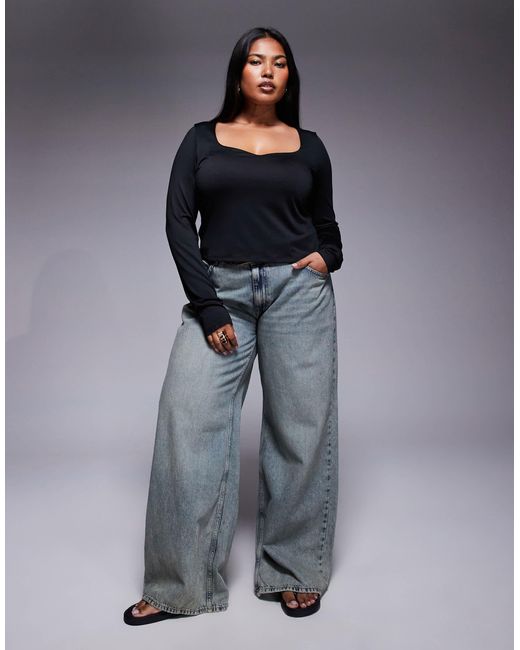 Asos design curve - top double épaisseur à manches longues et buste froncé ASOS en coloris Black