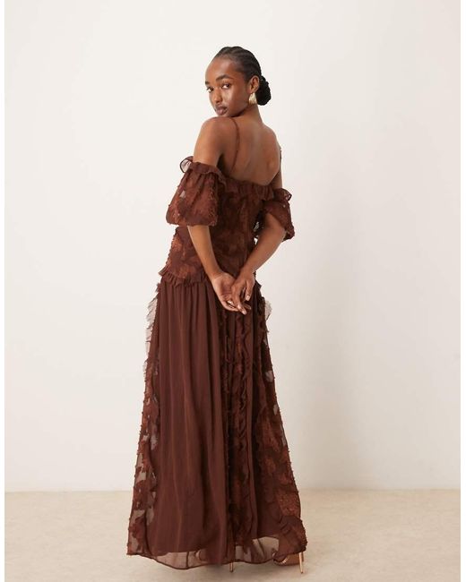 Vestito Midi Color Ruggine Intenso Con Fondo Allungato, Fiori Jacquard, Maniche A Sbuffo E Scollo Alla Bardot di ASOS in Brown