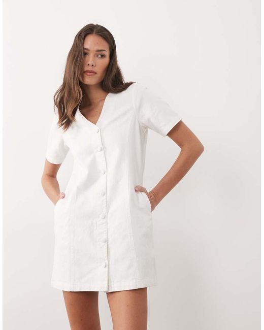 Threadbare White Denim Short Sleeve Button Through Mini Dress