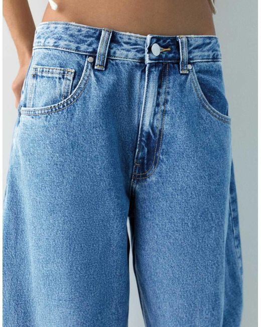 Pull&Bear Blue Balloon Fit Jeans With Embroidered Text