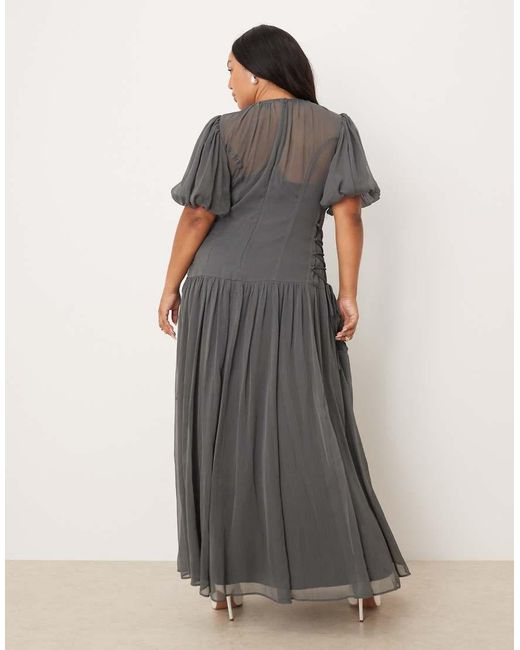 ASOS Gray Asos Design Curve Puff Sleeve Chiffon Maxi Dress