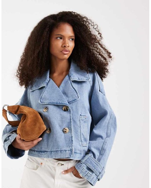 Vero Moda Blue Cropped Denim Trench Coat