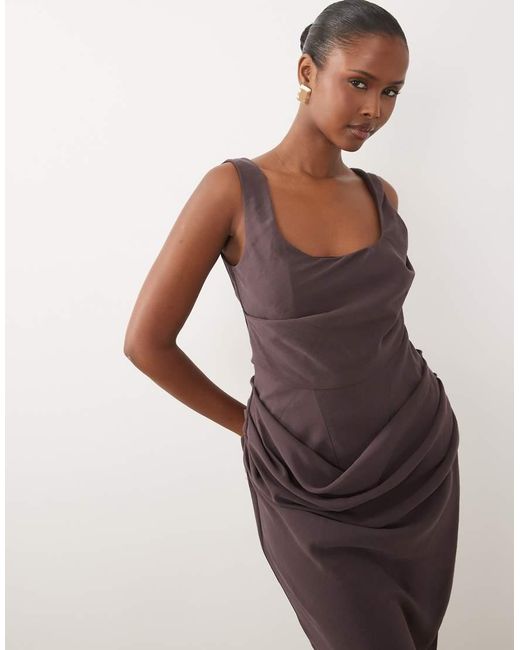 ASOS Natural Square Neck Draped Bodice And Waist Detail Maxi Dress With Side Split