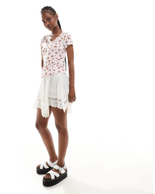 Monki White Pointelle Top With Scoop Neck And Lace Trim