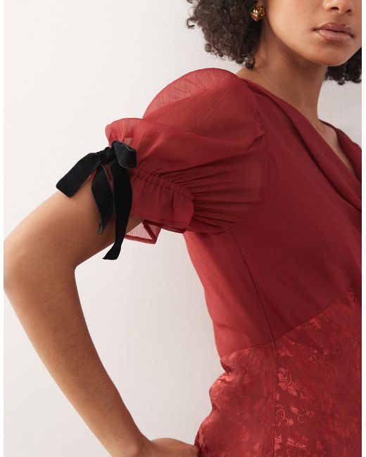 Reclaimed Vintage Red Mini Dress With Bow Puff Sleeves
