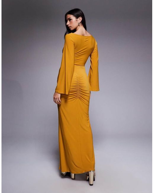 ASOS Metallic Long Sleeve Drape Front Maxi Dress With Gold Fish Trim