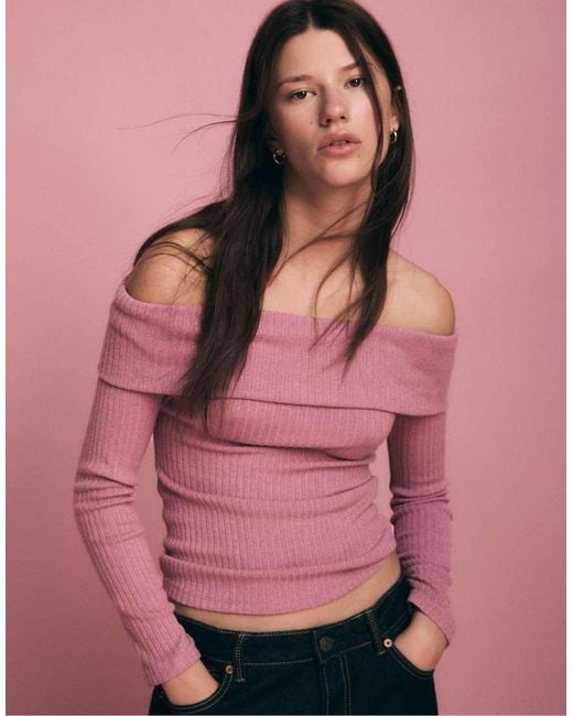 Stradivarius Pink Off-the-shoulder Knit Top
