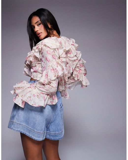 Blouse en jacquard à volants oversize - rose fleuri ASOS en coloris Gray