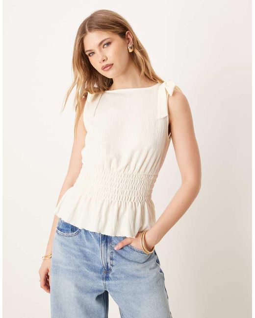 ASOS White Shirred Waist Top With Shoulder Bow Detail