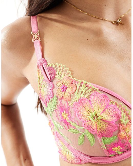 Ann Summers Pink Summer Breeze Non-padded Plunge Bra With -coloured Flower Embroidery