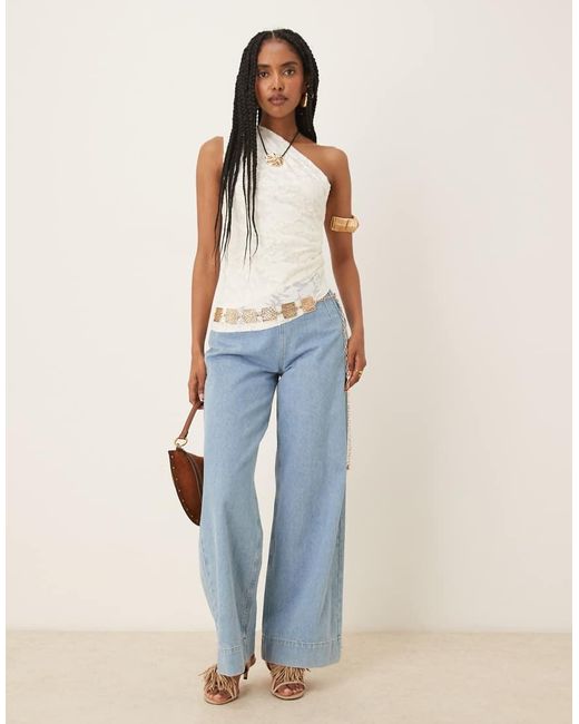 Gina Tricot Blue Jacquard Short Sleeve Off Shoulder Top With Asymmetric Hem
