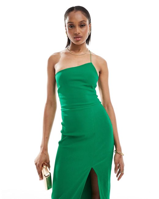 Vesper Green One Shoulder Spaghetti Strap Thigh Split Midaxi Dress