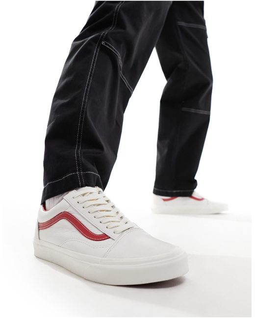 Vans White Old Skool Leather Sneakers With Red Detail