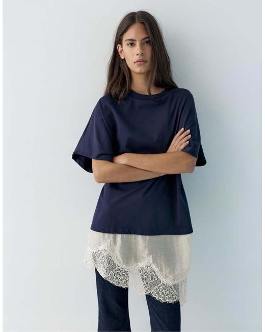 Pull&Bear Blue Contrast T-shirt With Lace Hem