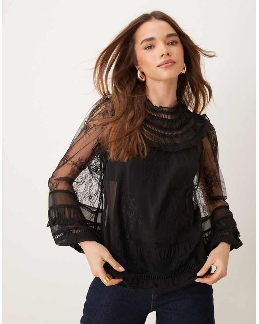 Miss Selfridge Black Lace Mix Long Sleeve Top