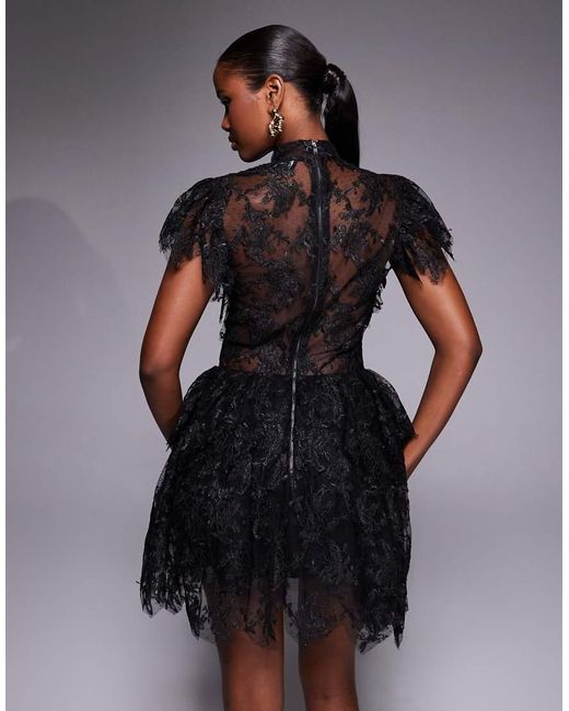 Bardot Black Tarryn High Neck Lace Ruffle Detail Scalloped Hem Mini Dress