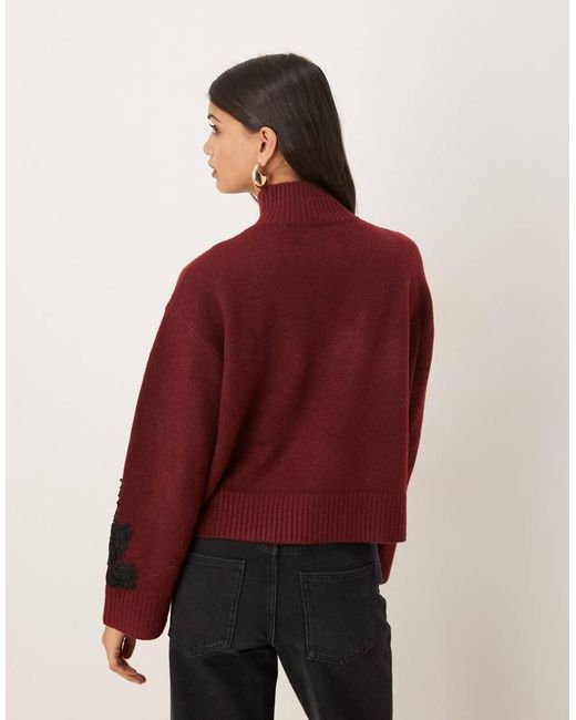 ASOS Red Lace Sleeve And Waist Placement Funnel Neck Jumper