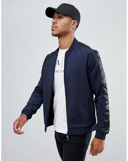 Armani Exchange Blue Zip-thru Track Jacket With Taped Sleeves In Navy for men