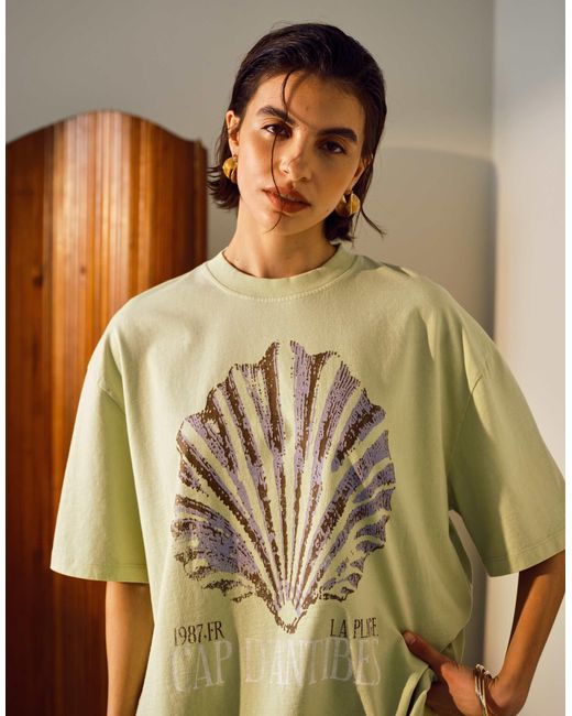 TOPSHOP Yellow Graphic Cap D'antibes Shell Oversized Tee