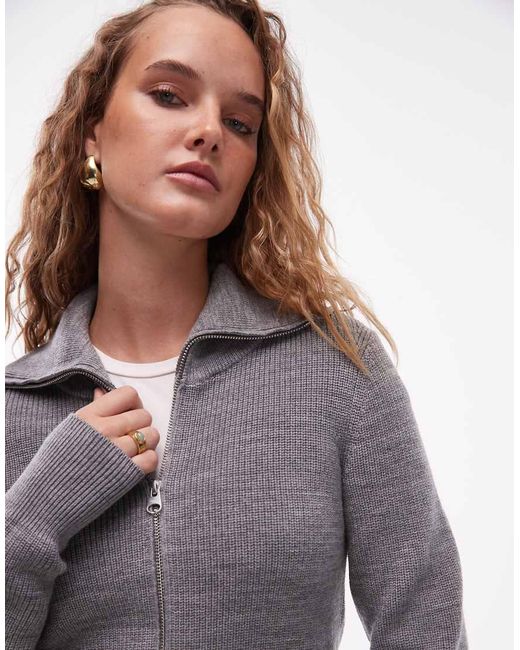 ARKET Gray Pure Wool Zip Front Cardigan With Wide Collar